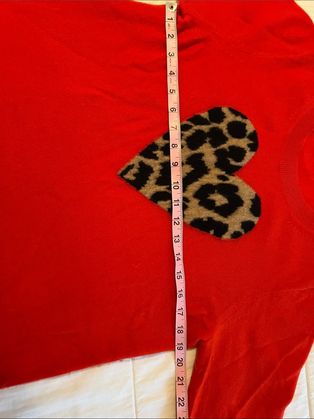 J. Crew Poppy Red Crewneck Cashmere Sweater with Leopard Heart